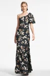 Sachin & Babi Aubrey One-shoulder Floral Satin Charmeuse Body-con Gown In Black Venetia Petal