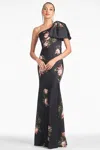 Sachin & Babi Aubrey Floral One-shoulder Satin Crepe Mermaid Gown In Noir Blossom
