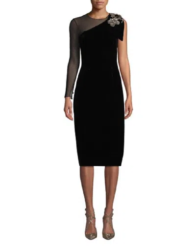 Sachin & Babi Bali One Shoulder Velvet Lace Crystal Dress In Black
