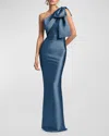 Sachin & Babi Bonne One-shoulder Bow Column Gown In Steel Blue