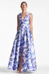 Sachin & Babi Brooke Pleated Floral-print Gown In Azure Watercolor Floral