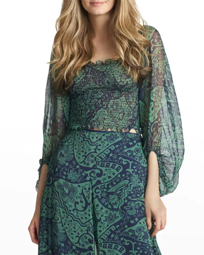 Sachin & Babi Callie Smocked Puff-sleeve Top In Landscape Aztec Floral Sage  Midnight