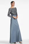 Sachin & Babi Colette Long-sleeve Sequin Satin A-line Gown In Gunmetal