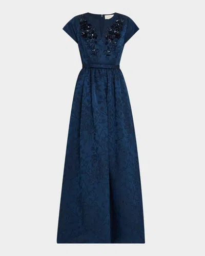 Sachin & Babi Estelle Beaded Floral Jacquard Gown In Poseidon