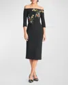 Sachin & Babi Fatima Off-shoulder Embroidered Midi Dress In Noir Bouquet