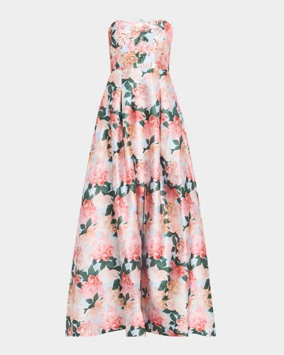 SACHIN & BABI GIOVANNA STRAPLESS FLORAL-PRINT MIKADO GOWN