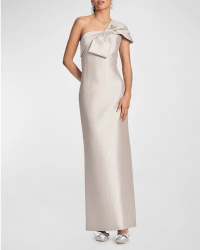 Sachin & Babi Ines One-shoulder Bow Column Gown In Neutrals