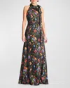 Sachin & Babi Kayla Floral Crinkle Georgette Gown In Noir Wildflower
