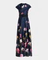 Sachin & Babi Marta Belted Floral-print Mikado Gown In Dark Midnight Garden