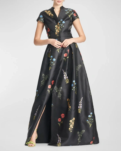 Sachin & Babi Marta Pleated Floral-print A-line Gown In Noirbouq