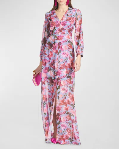 Sachin & Babi Penny Long Sleeve Chiffon A-line Gown In Pink And Periwinkle Dahlia