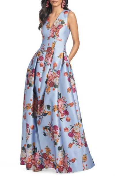 Sachin & Babi Brooke Floral Sleeveless Mikado Gown In Glacial Blue Bright Bouquet