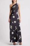Sachin & Babi Delphine Floral One-shoulder Satin Crepe Gown In Dark Midnight Carnations