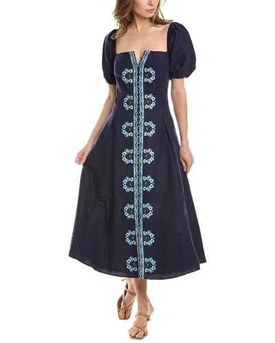 Sachin & Babi Embroidered Shannon Linen-blend Midi Dress In Blue