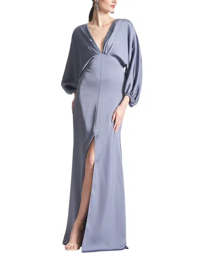 Sachin & Babi Gabby Beaded Blouson-sleeve Satin Gown In Grey