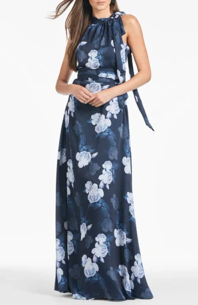 Sachin & Babi Kayla Floral-print Georgette Gown In Midnight Glacial Rose