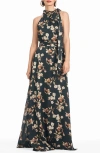 Sachin & Babi Women's Kayla Floral Crinkle Georgette Tie-neck Gown In Black Venetia Petals