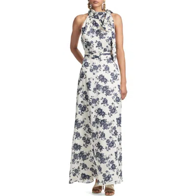 Sachin & Babi Kayla Halter Gown In Ivory/navy Peony