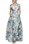 Sachin & Babi Marta Floral Print Belted Mikado Gown In Dune And Dusk Petals