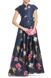 Sachin & Babi Marta Belted Floral-print Mikado Gown In Dark Midnight Garden