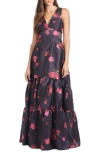 Sachin & Babi Rori Floral Print Tiered Sleeveless Gown In Malbec Tea Rose