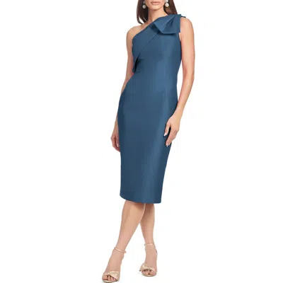 Sachin & Babi Sharla Bow Detail One-shoulder Cocktail Sheath Midi Dress In Blue
