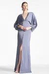 Sachin & Babi Gabby Beaded Blouson-sleeve Satin Gown In Cool Grey