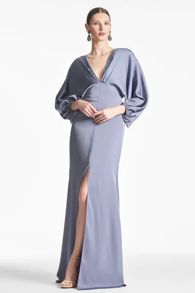 Sachin & Babi Gabby Beaded Blouson-sleeve Satin Gown In Blue