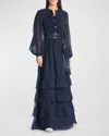 Sachin & Babi Venus Blouson-sleeve Ruffle Chiffon Gown In Midnight