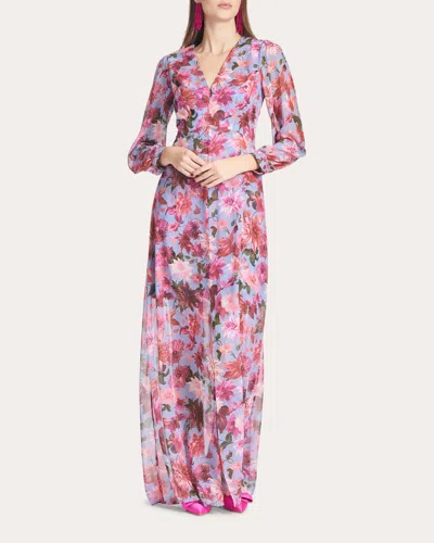 Sachin & Babi Penny Long Sleeve Chiffon A-line Gown In Pink And Periwinkle Dahlia