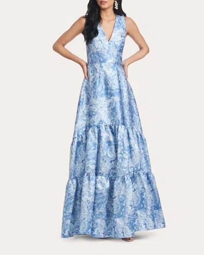 Sachin & Babi Rori Floral Sleeveless Tiered Mikado Gown In Blue