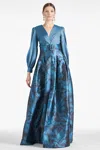 Sachin & Babi Zoe Floral Belted Long Sleeve Gown In Smokey Slate/tonal Petal