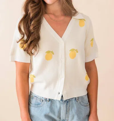 Sadie & Sage Citron Embroidered Lemons Knit Shirt In Ivory In White
