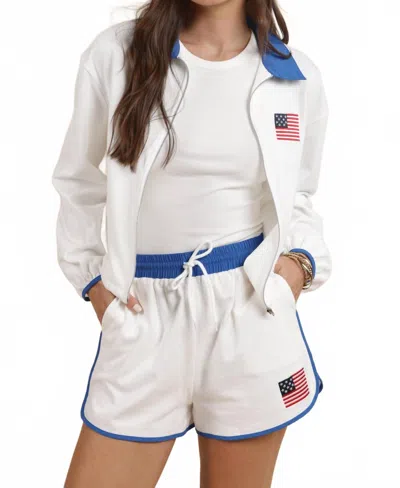 Sadie & Sage Flag Embroidery Zip Up Collar Jacket In White In Neutral