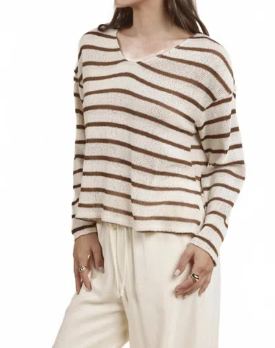 Sadie & Sage Lingering Light Striped V Neck Long Sleeve Top In White And Brown Stripe In Multi