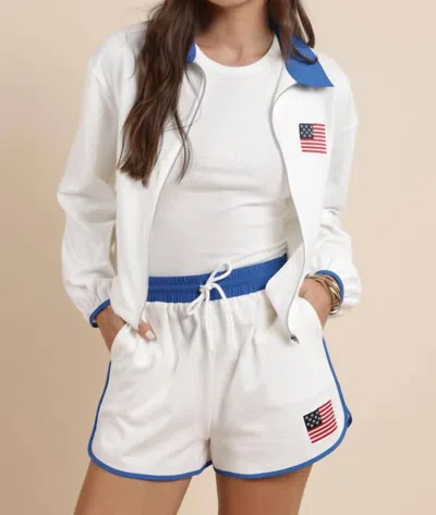 Sadie & Sage Patriotic Flag Embroidery Zip Up Jacket In White
