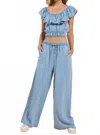 Sadie & Sage Robin Ruffle Neckline Top In Light Chambray In Blue
