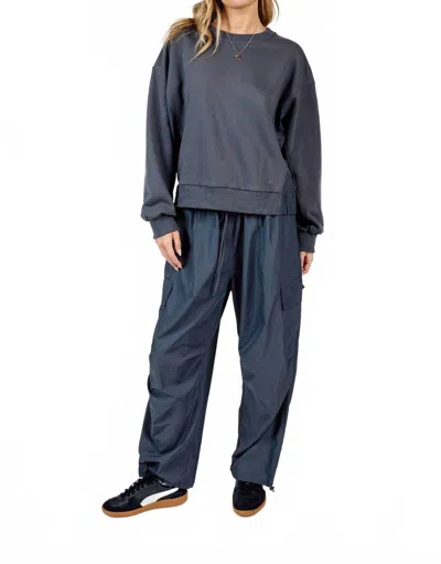 Sadie & Sage Vita Nylon Panels Crewneck Long Sleeve Top In Charcoal In Gray