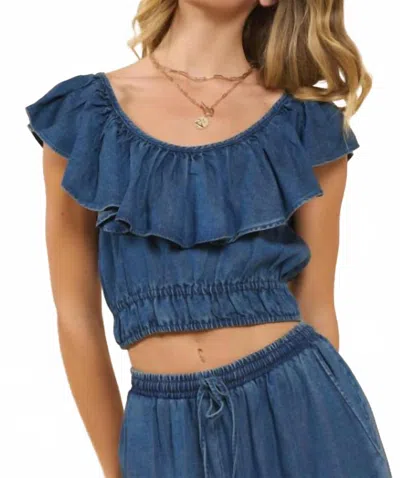 Sadie & Sage Wide Ruffle Neckline Top In Blue