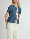 Sadie & Sage Archives Peplum Tie Front Top In Dark Chambray In Blue