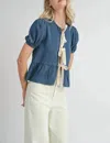 Sadie & Sage Archives Peplum Tie Front Top In Dark Chambray In Multi