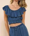 Sadie & Sage It's Pouring Ruffle Top In Dark Chambray