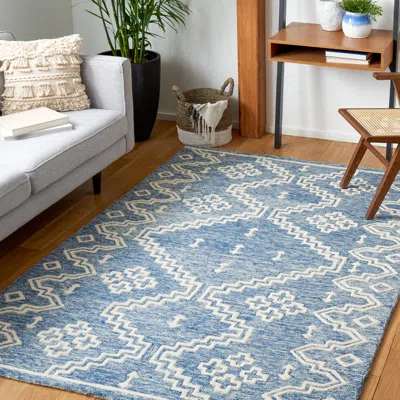 SAFAVIEH ABSTRACT HAND MADE AREA RUG, BLUE / IVORY BOHEMIAN STYLE NON-SHEDDING