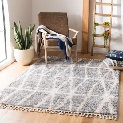 Safavieh Berber Fringe Shag Machine Made Area Rug, Grey / Cream Shag / Flokati Style Easy Care In Gray