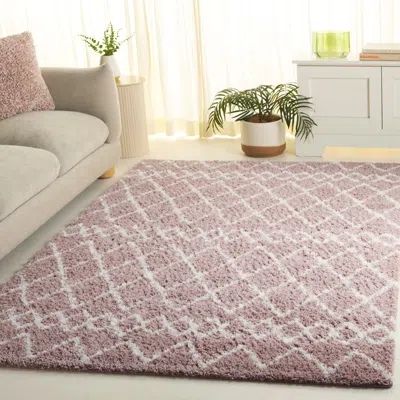 Safavieh Berber Shag Machine Made Area Rug, Light Rose / Ivory Shag / Flokati Style Easy Care In Pink