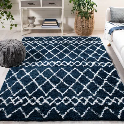 Safavieh Berber Shag Machine Made Area Rug, Navy / Ivory Shag / Flokati Style Easy Care