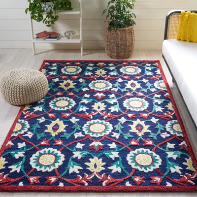 Safavieh Blossom Hand Made Area Rug, Navy / Red Bohemian Style Non-shedding In Blue