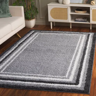 SAFAVIEH BORDER & STRIPE SHAG AREA RUG, GREY / BLACK FLOKATI STYLE NON-SHEDDING