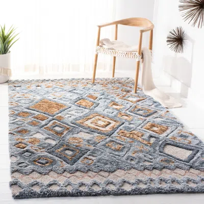 Safavieh Casablanca Shag Hand Made Area Rug, Grey / Gold Bohemian Style Non-shedding In Blue