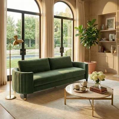 Safavieh Couture Winford 91.3" Velvet Round Arm Sofa With Reversible Cushions In Giotto Dark Olive Green Velvet